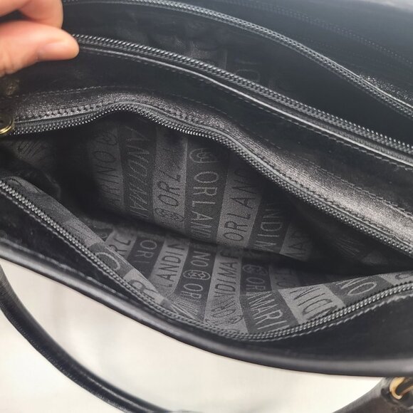 Marino Orlandi Black Embossed Leather Satchel Shoulder Bag Goldtone Zipper Italy - Picture 14 of 16